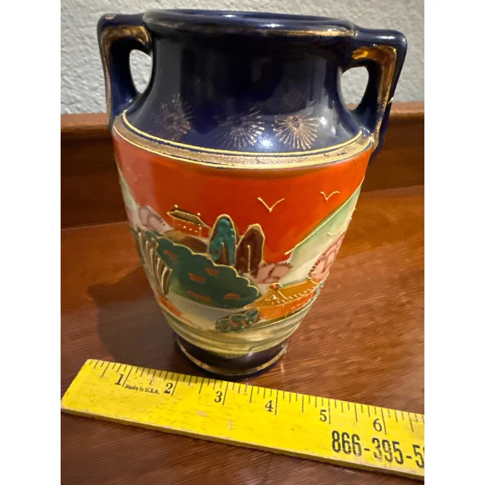 Vintage Japanese Vase Cobalt Blue Orange Landscape Scene Gold Trim Handles 6.75